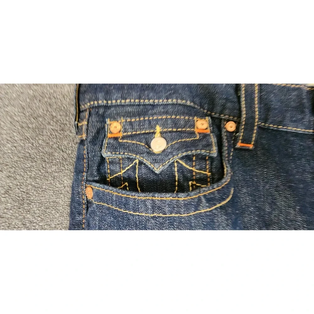 True Religion Joey Flare Jeans Mens 38x30 Raw Denim Made in USA Orange‎ Stitch